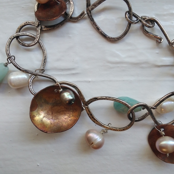 Copper, pearl, and raw aquamarine bracelet - Picture 1 of 3